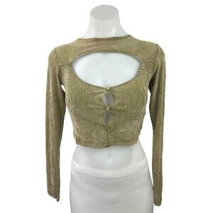 Urban Outfitters MOTEL Green Abstract Long Sleeve Cut Out Crop Blouse Top Size S